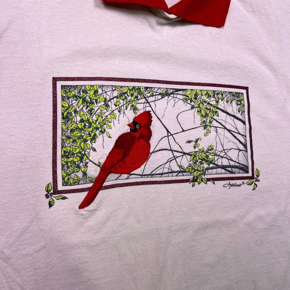 Vintage Lee Total Cotton Cardinal‎ Bird Graphic Polo Shirt Women Sz L Red Collar - Picture 3 of 9